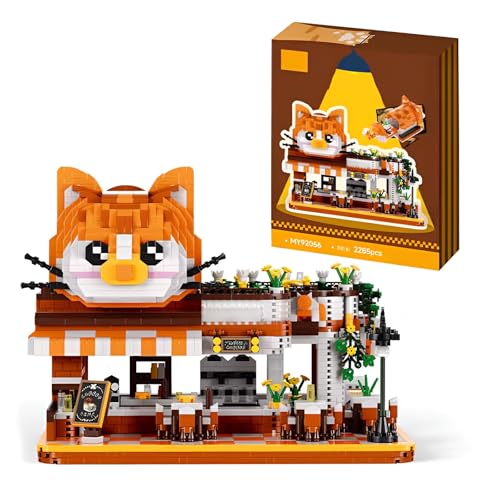 Stadt Miau-Kaffee-Shop Mini Bausteine Bausatz, Straßenansicht Katze Kaffeehaus Bauspielzeug, Architektur Baukasten Micro Klemmbausteine, Geschenk für Erwachsene Kinder ab 8 Jahren (2285 Stück) von Fuleying