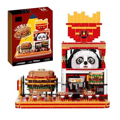 Stadt Pandas Burgerladen Mini Bausteine Bausatz, Kreative Straßenansicht Hamburger Laden Bauspielzeug, Architektur Micro Klemmbausteine, Geschenk für Erwachsene Kinder ab 8 Jahren (2504 Stück) von Fuleying