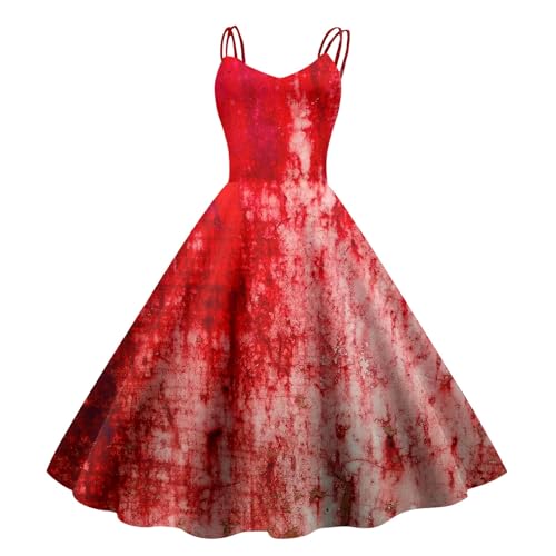 Fulidngzg Halloween Kostüm Damen mit Blutigem Aufdruck Vampir Kostüm Damen Zombie Braut Kostüm Horror Elegant Brautkleid Ärmellos Aufdruck Halloween Kleid fur Damen von Fulidngzg