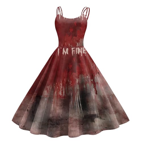 Fulidngzg Halloween Kostüm Damen mit Blutigem Aufdruck Vampir Kostüm Damen Zombie Braut Kostüm Horror Elegant Brautkleid Ärmellos Aufdruck Halloween Kleid fur Damen von Fulidngzg