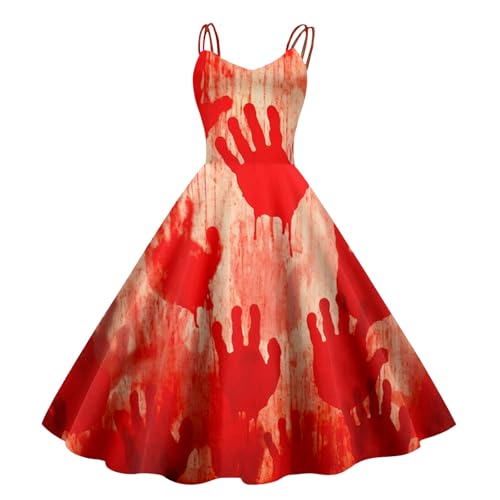 Fulidngzg Halloween Kostüm Damen mit Blutigem Aufdruck Vampir Kostüm Damen Zombie Braut Kostüm Horror Elegant Brautkleid Ärmellos Aufdruck Halloween Kleid fur Damen von Fulidngzg