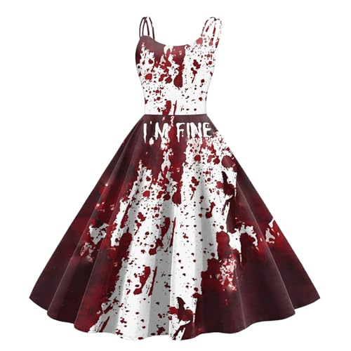 Fulidngzg Halloween Kostüm Damen mit Blutigem Aufdruck Vampir Kostüm Damen Zombie Braut Kostüm Horror Elegant Brautkleid Ärmellos Aufdruck Halloween Kleid fur Damen von Fulidngzg