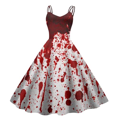 Fulidngzg Halloween Kostüm Damen mit Blutigem Aufdruck Vampir Kostüm Damen Zombie Braut Kostüm Horror Elegant Brautkleid Ärmellos Aufdruck Halloween Kleid fur Damen von Fulidngzg