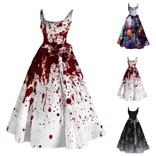 Fulidngzg Halloween Kostüm Damen mit Blutigem Aufdruck Vampir Kostüm Damen Zombie Braut Kostüm Horror Elegant Brautkleid Ärmellos Aufdruck Halloween Kleid fur Damen von Fulidngzg