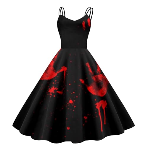 Fulidngzg Halloween Kostüm Damen mit Blutigem Aufdruck Vampir Kostüm Damen Zombie Braut Kostüm Horror Elegant Brautkleid Ärmellos Aufdruck Halloween Kleid fur Damen von Fulidngzg