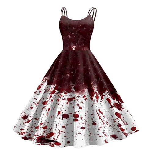 Fulidngzg Halloween Kostüm Damen mit Blutigem Aufdruck Vampir Kostüm Damen Zombie Braut Kostüm Horror Elegant Brautkleid Ärmellos Aufdruck Halloween Kleid fur Damen von Fulidngzg