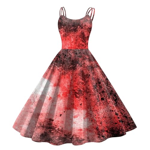 Fulidngzg Halloween Kostüm Damen mit Blutigem Aufdruck Vampir Kostüm Damen Zombie Braut Kostüm Horror Elegant Brautkleid Ärmellos Aufdruck Halloween Kleid fur Damen von Fulidngzg