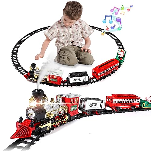 Fulluky Elektrischer Zug Spielzeug, Dampfzugspielzeug mit Rauch, Licht und Sound, Eisenbahnbausätze, Lokomotive, Kohlewaggons und Schienen, klassisches Weihnachtszugset für Kinder ab 3 Jahren von Fulluky