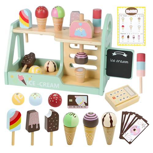 Eisdiele Kinder Holz Eisdiele Kinderküche Zubehör mit Menü und Bargeld, EIS holzspielzeug für Rollenspiele mit Einkaufsladen, Kinderküche Kaufläden & Zubehör, Geschenk Mädchen 3 4 5 6 7 8 Jahren von Fullware