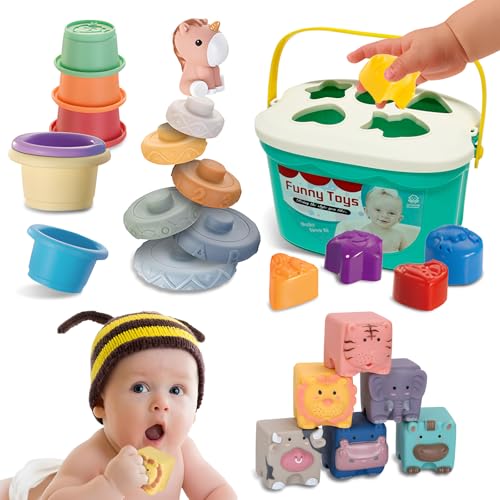 Fullware 4-in-1 Montessori Spielzeug für Babys, Badespielzeug, feinmotorische Übungen, Tastsinn, Stapeln und Stecken, Silikongummi von Fullware