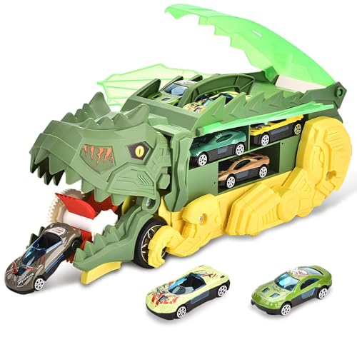 Fullware Spielzeugautos,Dinosaurier Spielzeug mit 6 Zufällig Rückzieh-Autos, verwandelbares Dino-Schluckauto, Rennstreckenmodus, Baby Geschenk Junge 4 5 6 7 8 9 10 Jahre von Fullware