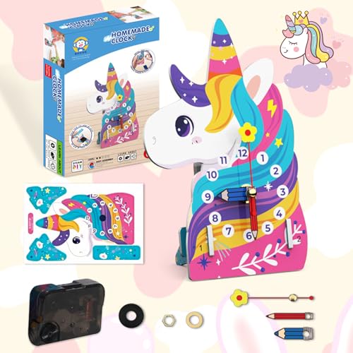 Einhorn DIY Lernuhr Bastelset mit Sekunden-, Minuten- und Stundenzeiger Kinder Spiel Geschenke für Mädchen Schulanfänger Uhr Lernen für Kinder ab 3 4 5 6 Einschulung Geburtstag Geschenke, Deko Figur von Fullware