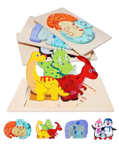 Fullware Holzpuzzle 1 2 3 4 5 6 Jahre 4-teiliges Set, Holzspielzeug Baby, Montessori Knobelspiele Tier Familien Puzzle Kleinkind Lernspielzeug, Steckpuzzle Holz - Katze, Dinosaurier, Pinguin, Elefant von Fullware