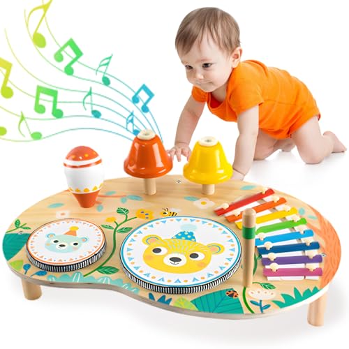 Fullware Holzspielzeug Schlagzeug Kinder Musikinstrumente Kinder ab 1 2 3 Jahr Musik Kinderspielzeug mit Xylophon, Montessori Baby Toys 3 4 5 Geschenke für Mädchen Jungen Schlagzeug von Fullware