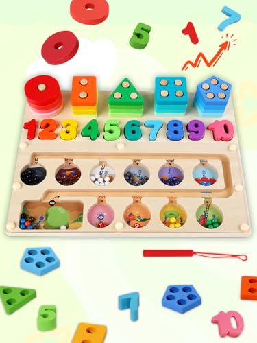 Fullware 3 in 1 Holz Montessori Spielzeug ab 1 2 3 Jahre 6 Monate Baby, Magnetspiel Labyrinth Holzspielzeug Numberblocks, Geometrischer Stapler, Farben Sortier - Lernspielzeug Geschenk Kinder von Fullware