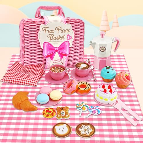 Picknickkorb Kinder mit Decke 30-teiliges Teeservice mit Dessert Kaffeemaschine Puppenküche Kindergeschirr Küche Zubehör Outdoor Spielzeug Rollenspiele, Geschenk für Jungen Mädchen 3 4 5 6 Jahre(Rosa) von Fullware