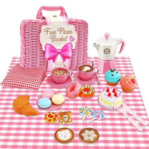 Picknickkorb Kinder mit Decke 30-teiliges Teeservice mit Dessert Kaffeemaschine Puppenküche Kinder Geschirrset, Zubehör, Outdoor Spielzeug Rollenspiele, Geschenk für Jungen Mädchen 3 4 5 6 Jahre(Rosa) von Fullware