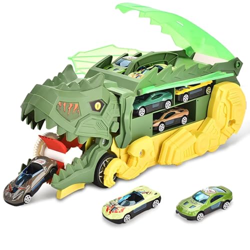 Fullware Dinosaurier Spielzeug Autos, Dino Hot Wheels Bahn mit 6 Spielzeugautos, Verwandelbares Dino-Schluckauto, Rennstreckenmodus, Autos Geschenk Junge 4 5 6 7 8 9 10 Jahre (dunkelgrün) von Fullware