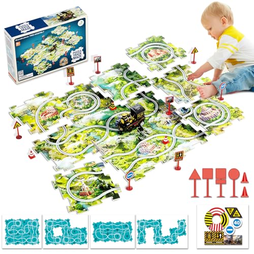 DIY Puzzle Bahn Auto-Vorwärts Zug Spielzeug 12 pcs Großes Puzzle mit 4 Routen Spielzeugauto Autorennbahn Elektro Dampflokomotive, Kinderspielzeug ab 2 3 4 5 6 Jahre Junge Mädchen Geburtstag Geschenke von Fullware