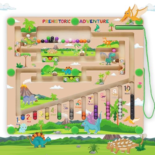 Fullware Dinosaurier Montessori Spielzeug - Geduldspiele ab 1 2 3 4 5 6 Jahre, Holzpuzzle Busy Board Magnetisches Labyrinthspiel für Jungen & Mädchen, Farbabstimmung Zahlenzählen von Fullware