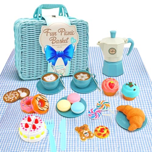 Geschenk für Jungen Mädchen 3 4 5 6 Jahre, Picknickkorb Kinder mit Decke 30-teiliges Teeservice mit Dessert Kaffeemaschine Puppenküche Kinder Geschirrset, Zubehör, Outdoor Spielzeug Rollenspiele(Blau) von Fullware