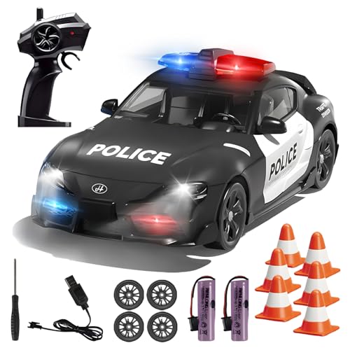 RC Drift Car Polizeiauto mit Licht und Sound, 1:24 Ferngesteuertes Auto mit Aufladbarer 2 Batterie, 2,4 GHz 4WD RC Drift Polizeiauto für Junge Geschenk Kinderspielzeug ab 3 4 5 6 7 8+ Jahre(Schwar) von Fullware