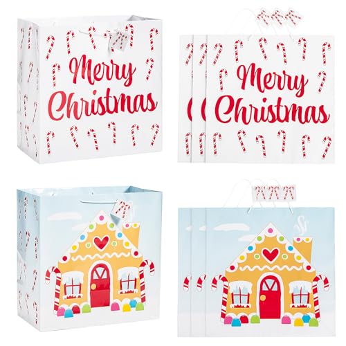 Fun Express 14328055 Große Weihnachts-Geschenktüten aus Papier mit Lebkuchen und Zuckerstange, mit Etiketten, 6 Stück, Mehrfarbig, 15"" x 8"" x 15" von Fun Express