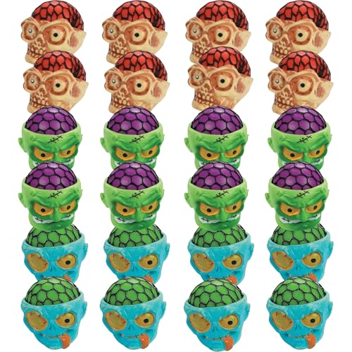 Fun Express Gruselige Gummi-Totenköpfe zum Zusammendrücken, 7,6 cm, verschiedene Designs, perfekt für Halloween-Partygeschenke, Süßigkeiten-Taschen und gruselige Dekorationen, 24 Stück von Fun Express