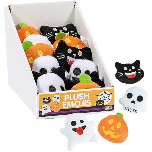 Fun Express Gruselige Halloween-Plüsch-Emojis – 8,9 cm (12 Stück) – verschiedene Designs – perfekt für Süßigkeiten-Treat-Taschen, Halloween-Partygeschenke und Themen-Dekorationen von Fun Express