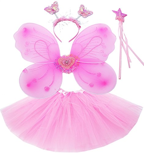 Fun Play Feen kostüm kinder für Mädchen - Schmetterlingsflügel kinder Tutu Zauberstab und Haarreifen - Schmetterlingsverkleidungen - Engelsflügel für Mädchen 3-8 Jahre alt - Farbe Rosa von Fun Play