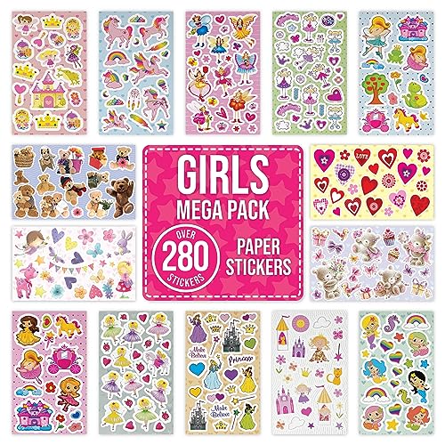 Girls Children Stickers for Scrapbooking, Crafting, Decorating - Over 270 Self Adhesive Paper Stickers 14 Designs - Party Bag Fillers for Kids, Teacher Classroom Rewards - Unicorn, Princess, Hearts von Fun Stickers