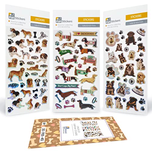 Hunde- und Welpenaufkleber für Kinder, Kinder, Kleinkinder und Erwachsene. ÜBER 90 Aufkleber – 3er-Pack Selbstklebende Dackel-Aufkleberbögen – Scrapbook-Bastelaktivitäten und Mitgebselfüller von Fun Stickers