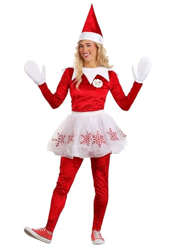 Elf on The Shelf Deluxe Damenkostüm, Erwachsenenkostüm, Weihnachtself Anzug mit Hut und Kragen, Urlaub Party Time Outfit, Rot/Ausflug, einfarbig (Getaway Solids), L von Fun World