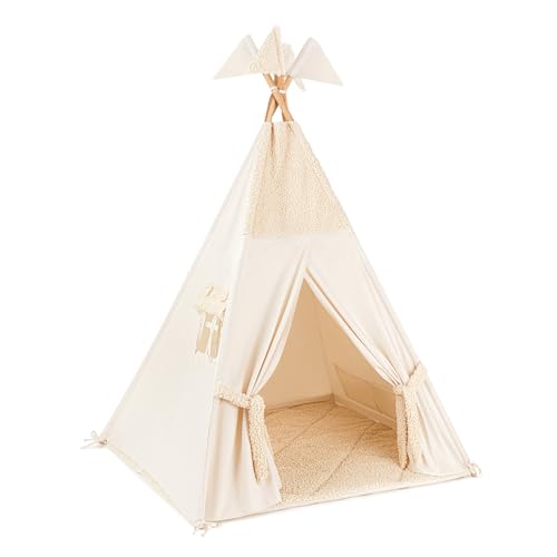 Fun with Mum Tipi Tipi Zelt + Bodenmatte für Kleinkind Kinder Spielzelt Kinder Spielhaus 180x100x100cm 100% Baumwolle Faltbar - Boucle Ecru von Fun with Mum