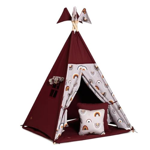 Fun with Mum Tipi-Zelt Teepee Fur Kinder Indianer Wigwam Kinderzimmer Garten Bodenmatte 2X Kissen 100 x 100 x 150 cm Baumwolle - Rainbow von Fun with Mum