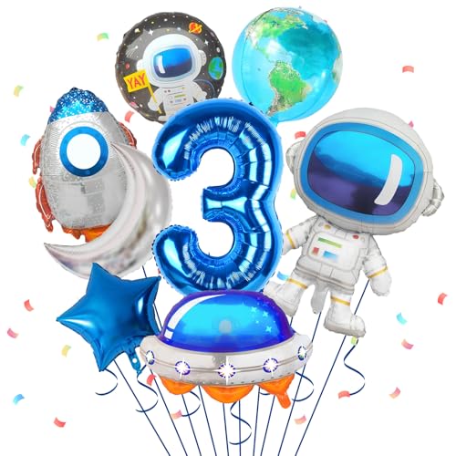 3. Geburtstag Junge, Geburtstagsdeko 3 Jahre Junge, 8 Stück Weltraum-Ballons Astronauten Raketen Ballon Raumschiff Ballon für Jungen Kindergeburtstag Dekorationen Universum Party Babyparty Zubehör von FunHot