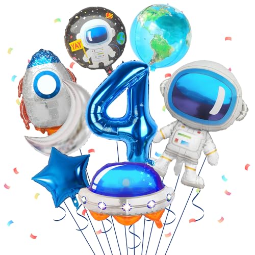 4. Geburtstag Junge, Geburtstagsdeko 4 Jahre Junge, 8 Stück Weltraum-Ballons Astronauten Raketen Ballon Raumschiff Ballon für Jungen Kindergeburtstag Dekorationen Universum Party Babyparty Zubehör von FunHot