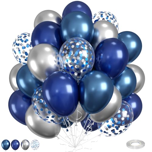 Ballons Blau Silber, Marineblau Silber Luftballons, 12 Zoll Marineblau Metallicblau Metallic-Silber Latexballons Silberne Blaue Konfettiballons für Geburtstag Hochzeit Baby Shower Partydekorationen von FunHot