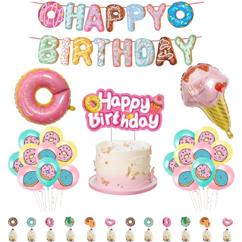 FunHot Donut Geburtstag Deko, Krapfen Geburtstagsdeko, Happy Birthday Banner Krapfen Blau Gelb Rosa Luftballons Helium Donut Eiscreme Folienballons Cake Toppers für Mädchen Geburtstag Donut Party Deko von FunHot