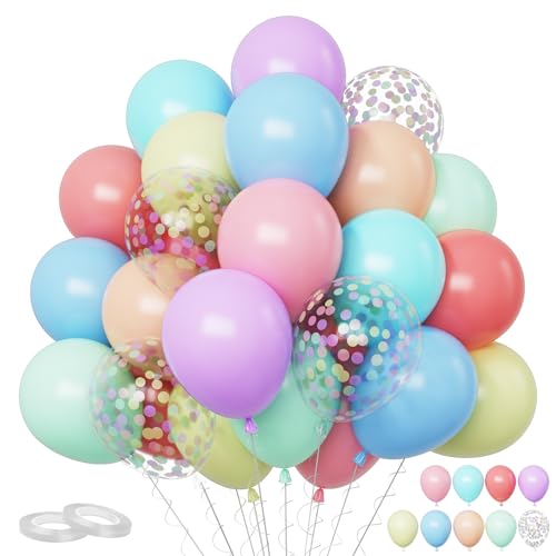 Funhot Luftballons Pastell Regenbogen, 60 Stück Pastell Latexballon, 12 Zoll Macaron Rot Rosa Blau Lila Grün Gelb Orange Ballon Buntes Konfetti für Geburtstag Babyparty Hochzeit Regenbogen Party Deko von FunHot