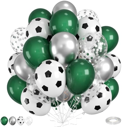 Fußball Luftballons, Grüne Weiße Silber Ballons, 12 Zoll Fussball Deko Fußballbedruckte Ballons Dunkelgrün Weiße Silberne Latexballons für Jungen Baby Shower Fußballparty Sport-Jubiläumsdekorationen von FunHot