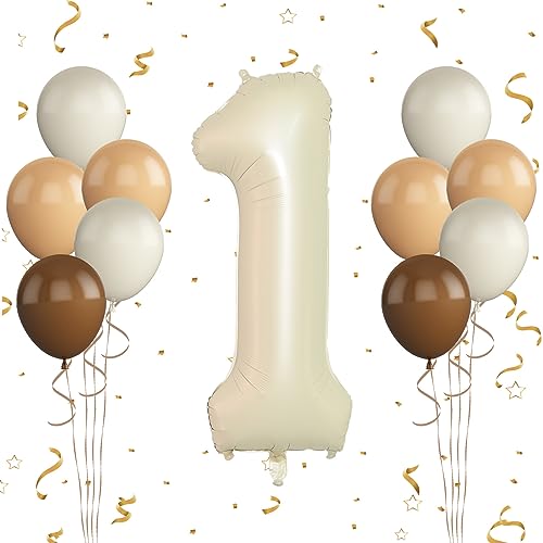 Luftballon 1. Geburtstag, 40 Zoll Cremeweiß Zahl 1 Luftballon, 11 Stück Happy Birthday Latexballons Aprikose Braun Ballons Nummer 1 Folienballon für Jungen Mädchen Babydusche 1. Geburtstag Party Deko von FunHot