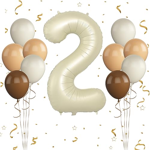 Luftballon 2. Geburtstag, 40 Zoll Cremeweiß Zahl 2 Luftballon, 11 Stück Happy Birthday Latexballons Aprikose Braun Ballons Nummer 2 Folienballon für Jungen Mädchen Babydusche 2. Geburtstag Party Deko von FunHot