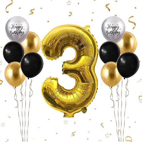 Luftballon 3. Geburtstag, 40 Zoll Gold Zahl 3 Luftballon, 11 Stück Happy Birthday Latexballons Schwarz Gold Groß Nummer 3 Folienballon für Jungen Mädchen Babydusche 3. Geburtstag Party Deko von FunHot