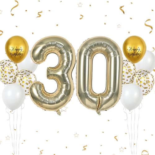 Luftballon 30. Geburtstag, 40 Zoll Champagner Gold Zahl 30 Luftballon, 12 Stück Birthday Latexballons Gold Konfetti Weiß Nummer 30 Hell Gold Folienballon für Männer Frauen 30. Geburtstag Party Deko von FunHot