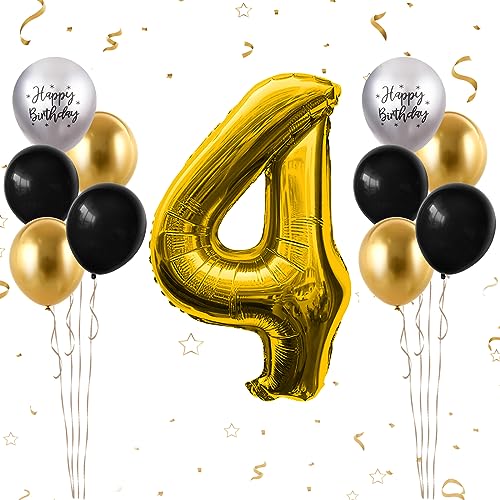 Luftballon 4. Geburtstag, 40 Zoll Gold Zahl 4 Luftballon, 11 Stück Happy Birthday Latexballons Schwarz Gold Groß Nummer 4 Folienballon für Jungen Mädchen Babydusche 4. Geburtstag Party Deko von FunHot