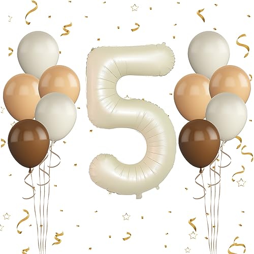 Luftballon 5. Geburtstag, 40 Zoll Cremeweiß Zahl 5 Luftballon, 11 Stück Happy Birthday Latexballons Aprikose Braun Ballons Nummer 5 Folienballon für Jungen Mädchen Babydusche 5. Geburtstag Party Deko von FunHot