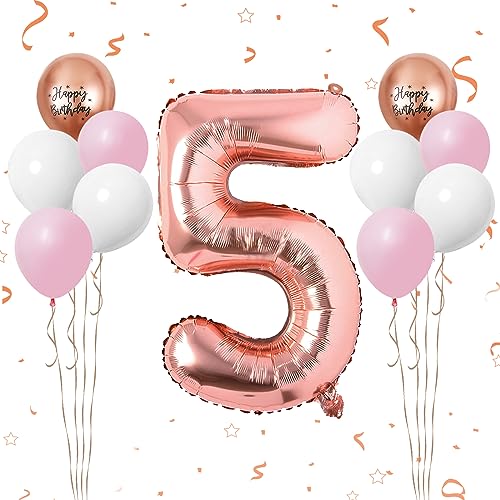 Luftballon 5. Geburtstag, 40 Zoll Roségold Zahl 5 Luftballon, 11 Stück Happy Birthday Latexballons Rosa Weiß Ballons Groß Nummer 5 Folienballon für Mädchen Babydusche 5. Geburtstag Party Deko von FunHot