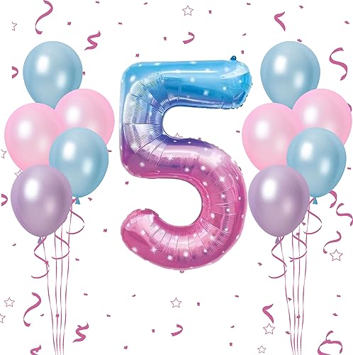 Luftballon 5. Geburtstag, 40 Zoll Sternenklarer Farbverlauf Zahl 5 Luftballon, 11 Stück Birthday Latexballons Maca Rosa Blua Nummer 5 Stern Folienballon für Mädchen Babydusche 5. Geburtstag Party Deko von FunHot