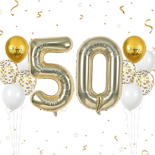 Luftballon 50. Geburtstag, 40 Zoll Champagner Gold Zahl 50 Luftballon, 12 Stück Birthday Latexballons Gold Konfetti Weiß Nummer 50 Hell Gold Folienballon für Männer Frauen 50. Geburtstag Party Deko von FunHot